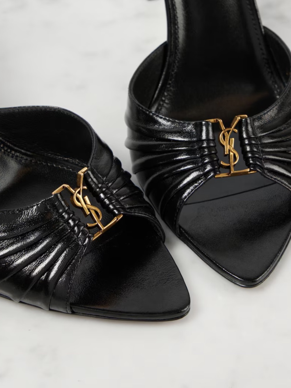 Saint Laurent Black Leather Pointed Mules with Gold YSL Hardware
